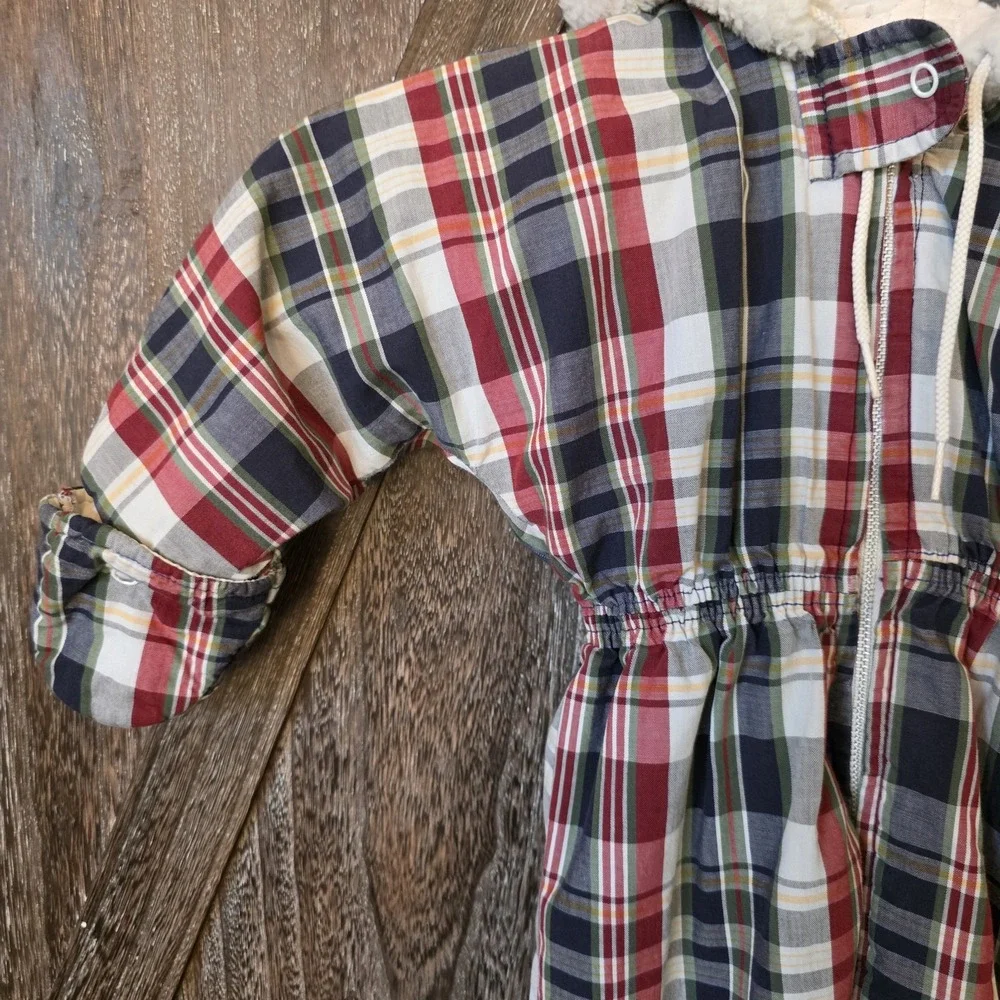 Puss In Boots Pram Snowsuit Infant Size Plaid Detachable Mitts Hooded Vintage‎